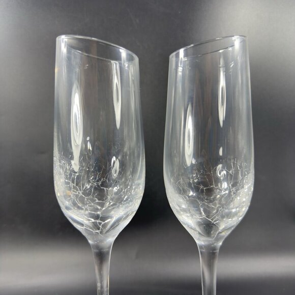 Pier 1 Clear Glass Crackle Angled Rim Goblet Drinking Glasses Cups Flutes Set  2 - Picture 8 of 11